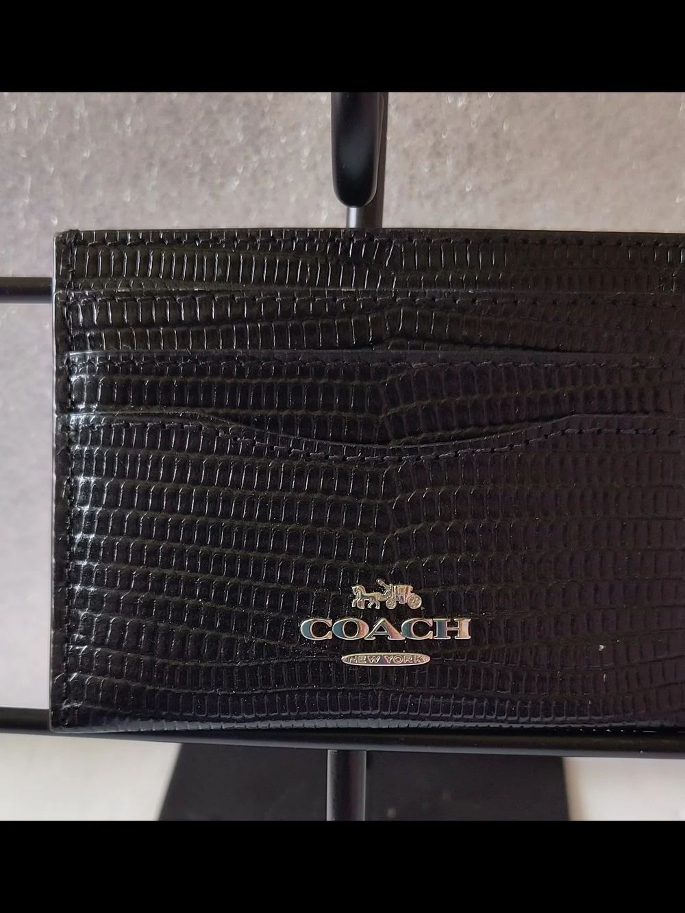 COACH Black Lizard-Embossed Leather Card Case